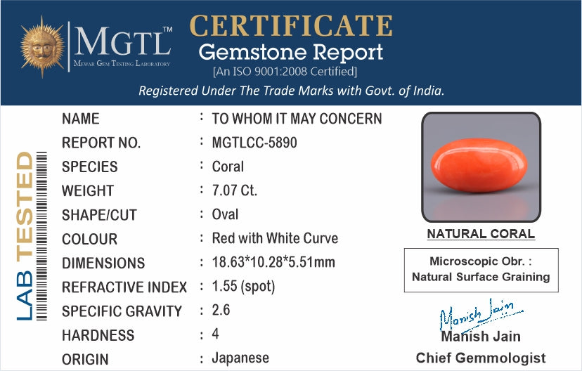 Red Coral - 7.07 Carat (7.81 Ratti - Moonga)