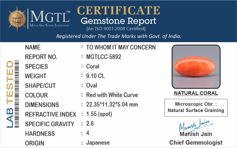 Red Coral - 9.10 Carat (10.06 Ratti - Moonga)
