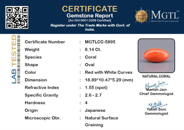 Red Coral - 8.14 Carat (8.99 Ratti - Moonga)