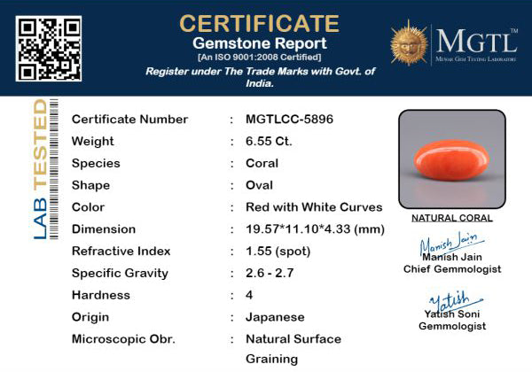 Red Coral - 6.55 Carat (7.24 Ratti - Moonga)