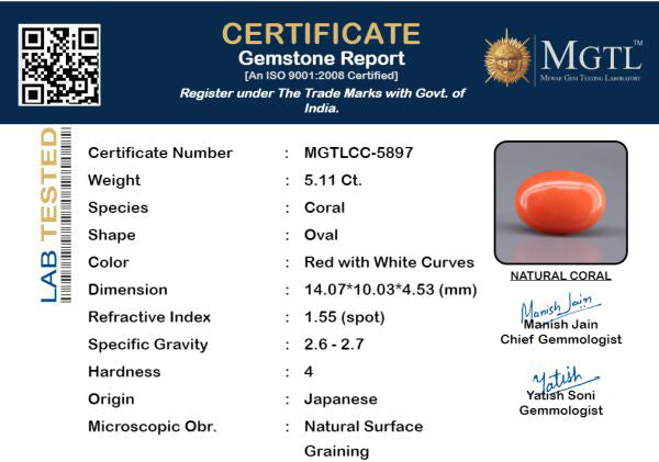 Red Coral - 5.11 Carat (5.65 Ratti - Moonga)