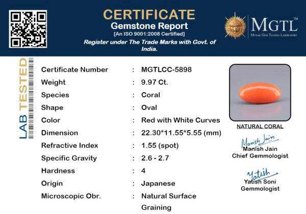 Red Coral - 9.97 Carat (11.02 Ratti - Moonga)