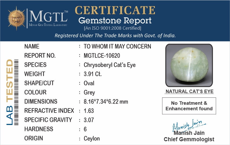 Ceylon Cat's Eye - 3.91 Carat Prime Quality CE-10620