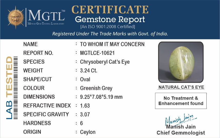 Ceylon Cat's Eye - 3.24 Carat Prime Quality CE-10621