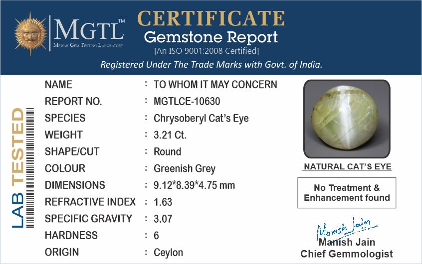 Ceylon Cat's Eye - 3.21 Carat Prime Quality CE-10630