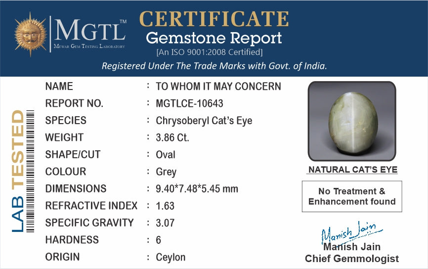 Ceylon Cat's Eye - 3.86 Carat Prime Quality CE-10643