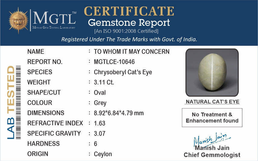 Ceylon Cat's Eye - 3.11 Carat Prime Quality CE-10646