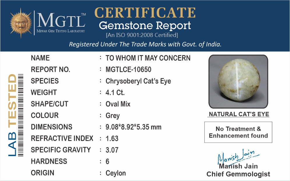 Ceylon Cat's Eye - 4.10 Carat Prime Quality CE-10650