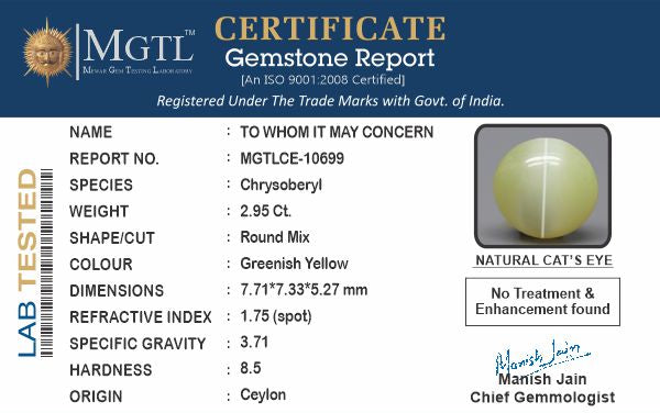 Ceylon Cat's Eye - 2.95 Carat Rare Quality CE-10699