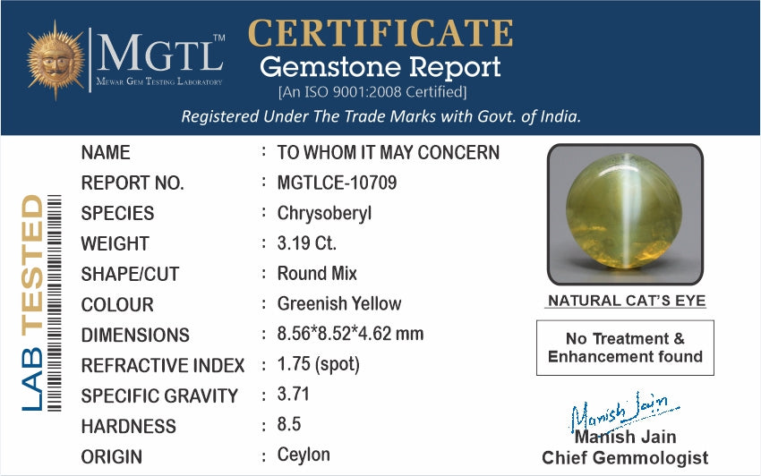 Ceylon Cat's Eye - 3.19 Carat Rare Quality CE-10709