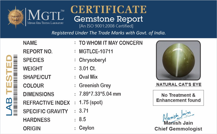 Ceylon Cat's Eye - 3.01 Carat Rare Quality CE-10711