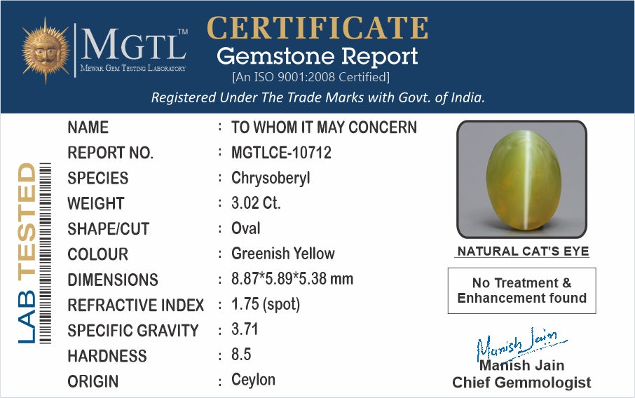 Ceylon Cat's Eye - 3.02 Carat Rare Quality CE-10712
