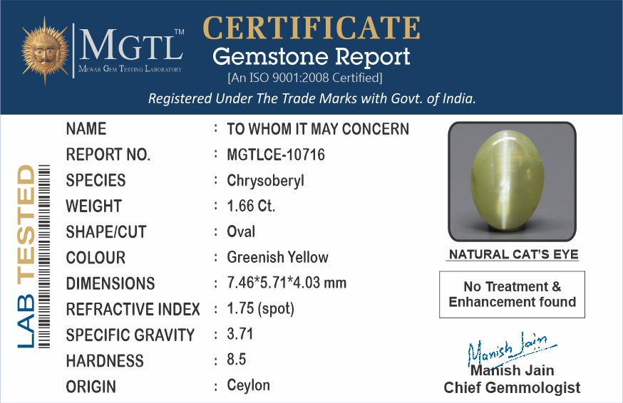 Ceylon Cat's Eye - 1.66 Carat Rare Quality CE-10716