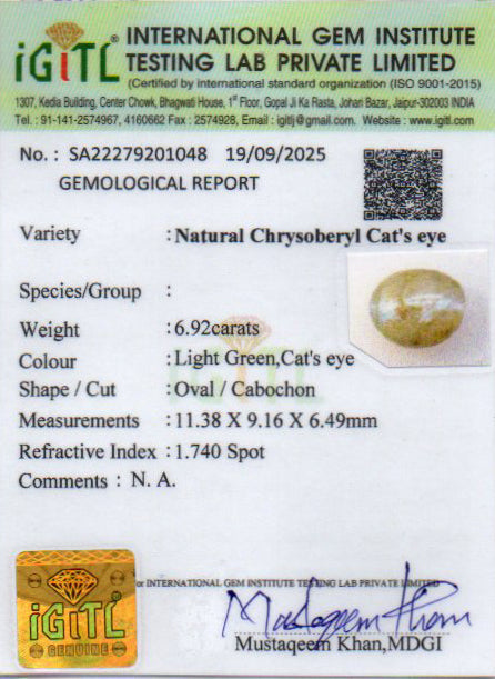 Ceylon Cat's Eye - 6.92 Carat Prime Quality CE-10783