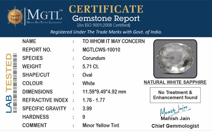 Ceylon White Sapphire - 5.71 Carat Fine Quality CWS-10010