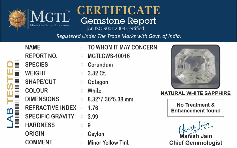 Ceylon White Sapphire - 3.32 Carat Prime Quality CWS-10016