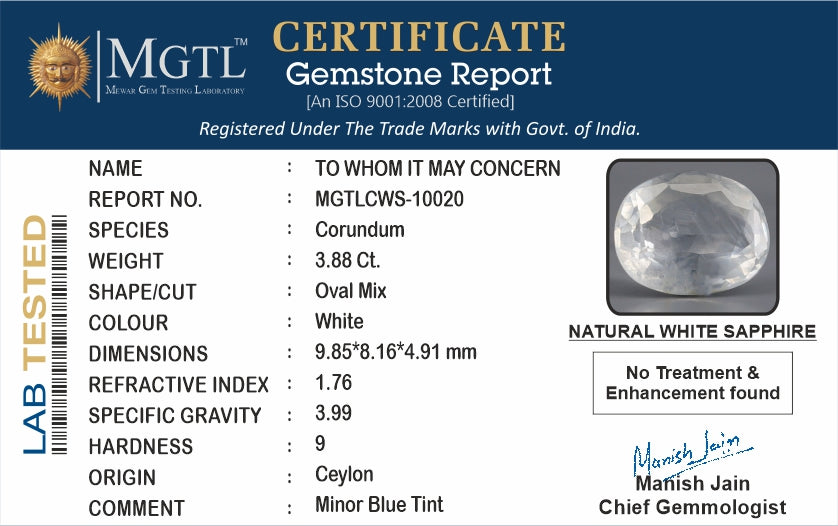 Ceylon White Sapphire - 3.88 Carat Fine Quality CWS -10020
