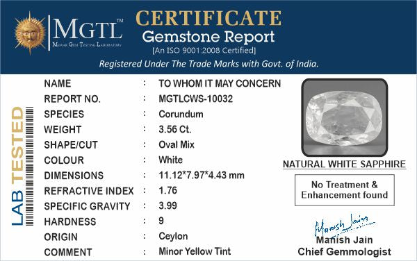 Ceylon White Sapphire - 3.56 Carat Prime Quality CWS-10032