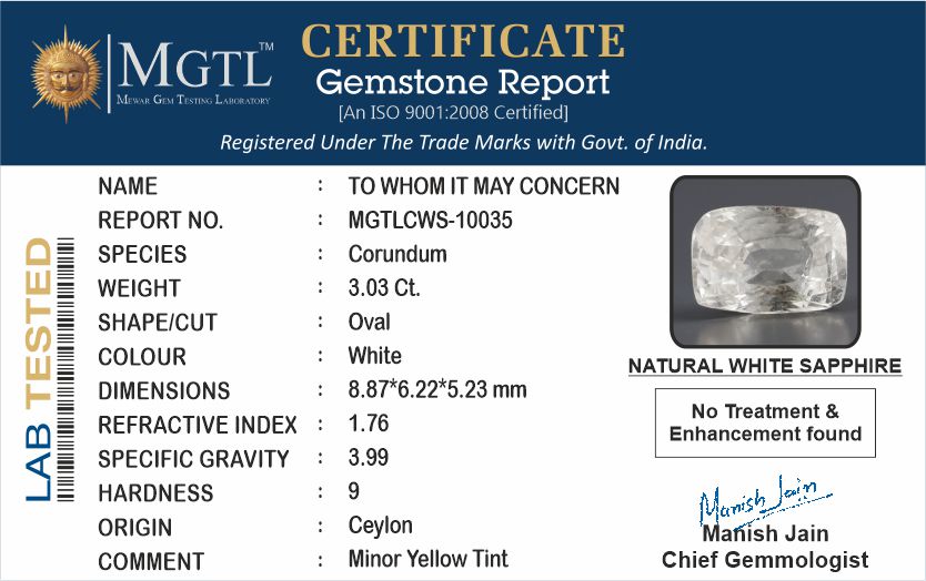 Ceylon White Sapphire - 3.03 Carat Prime Quality CWS-10035