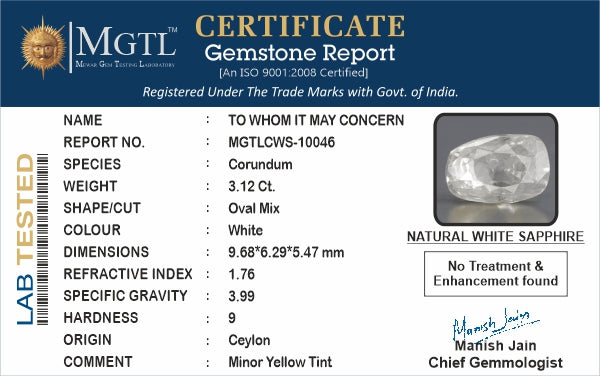 Ceylon White Sapphire - 3.12 Carat Prime Quality CWS-10046