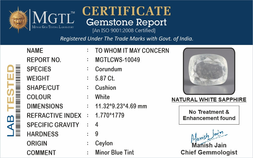 Ceylon White Sapphire - 5.87 Carat Prime Quality CWS-10049