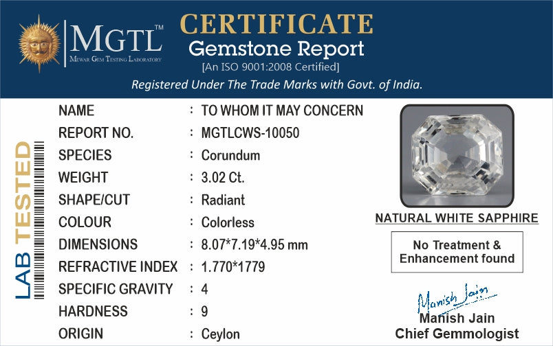 Ceylon White Sapphire - 3.02 Carat Rare Quality CWS-10050