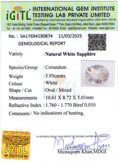 Ceylon White Sapphire - 3.93 Carat Prime Quality CWS-10059