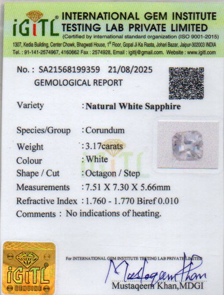 Ceylon White Sapphire - 3.17 Carat Limited Quality CWS-10060