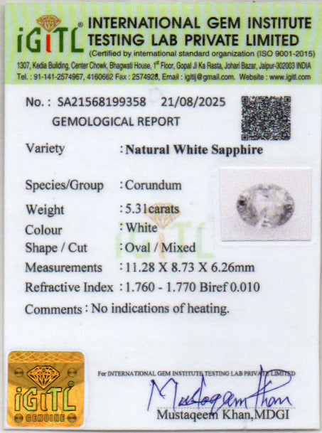 Ceylon White Sapphire - 5.31 Carat Prime Quality CWS-10061