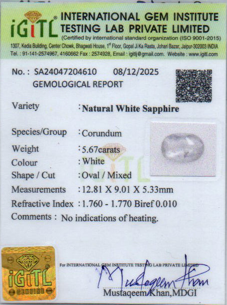 Ceylon White Sapphire - 5.67 Carat Prime Quality CWS-10065