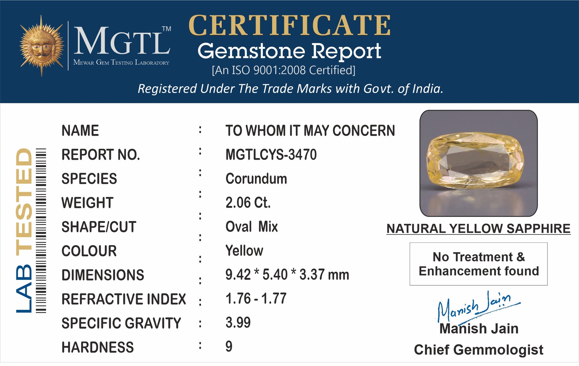 Ceylon Yellow Sapphire - 2.06 Carat Limited Quality CYS-3470