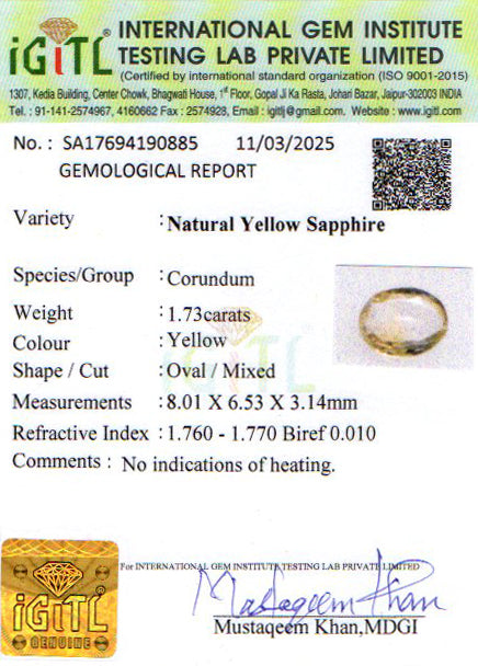 Ceylon Yellow Sapphire - 1.73 Carat Prime Quality CYS-3482