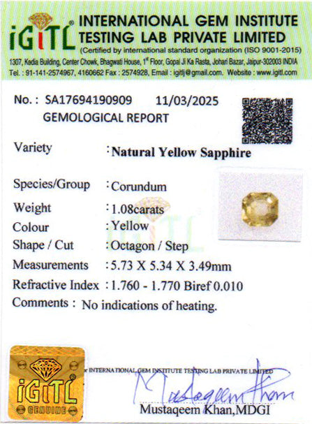Ceylon Yellow Sapphire - 1.08 Carat Limited Quality CYS-3485