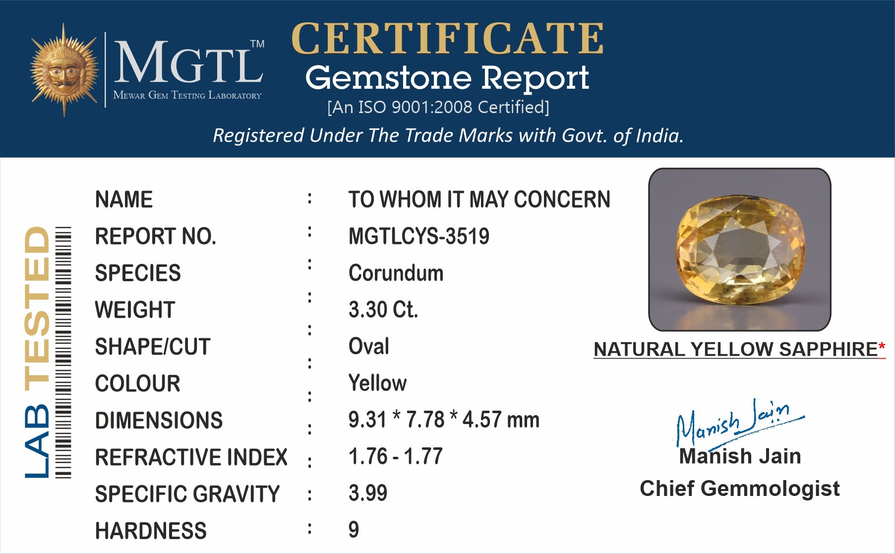 Ceylon Yellow Sapphire - 3.30 Carat Limited Quality CYS-3519