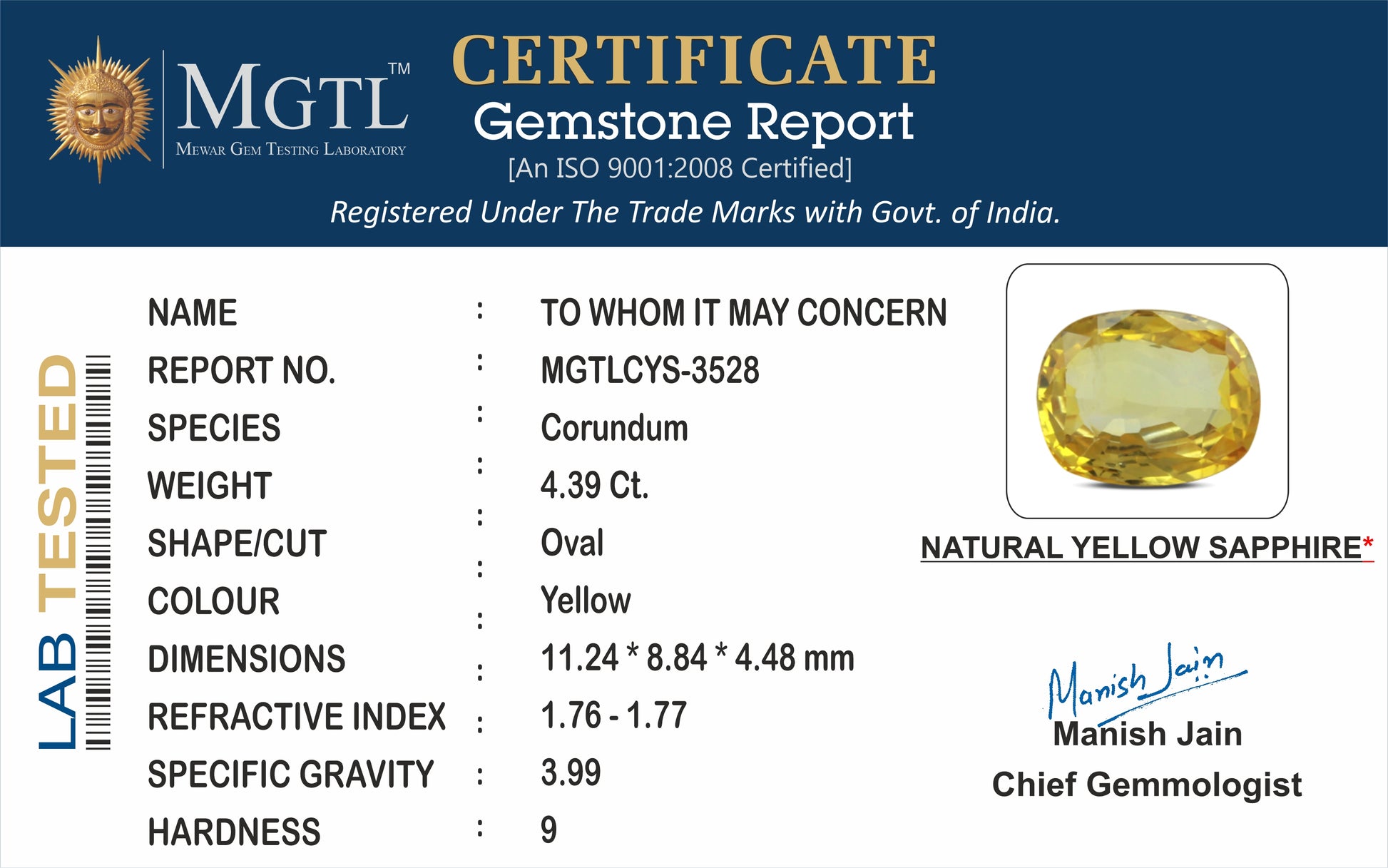 Yellow Sapphire - 4.39 Carats