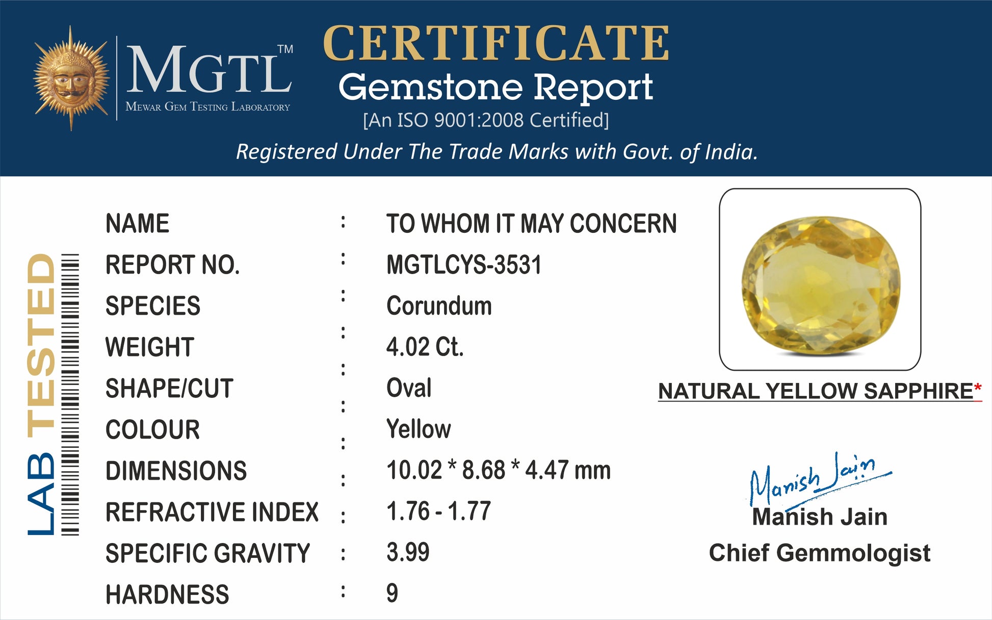 Ceylon Yellow Sapphire - 4.02 Carat Prime Quality CYS-3531