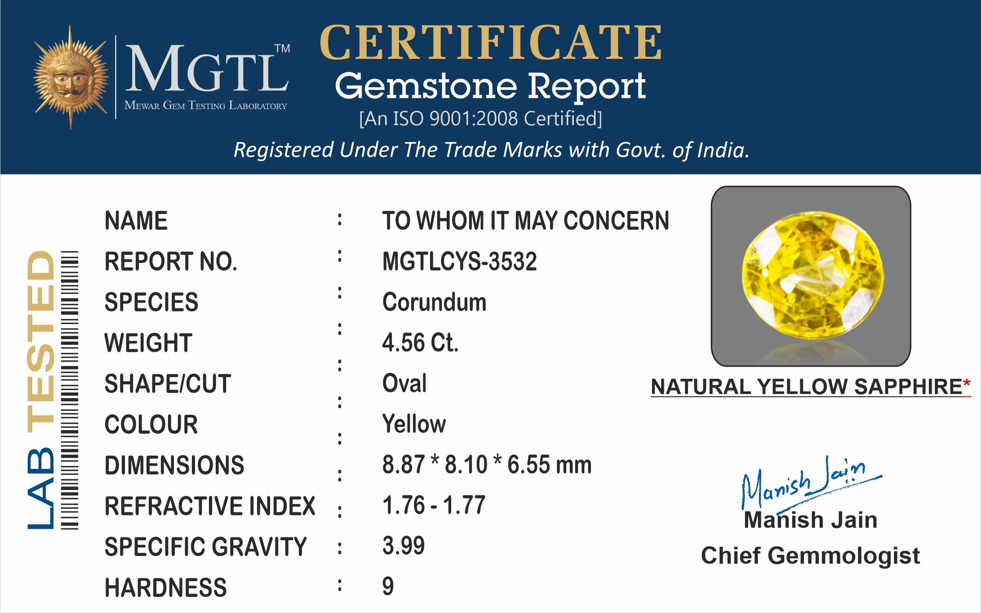 Yellow Sapphire - 4.56 Carats