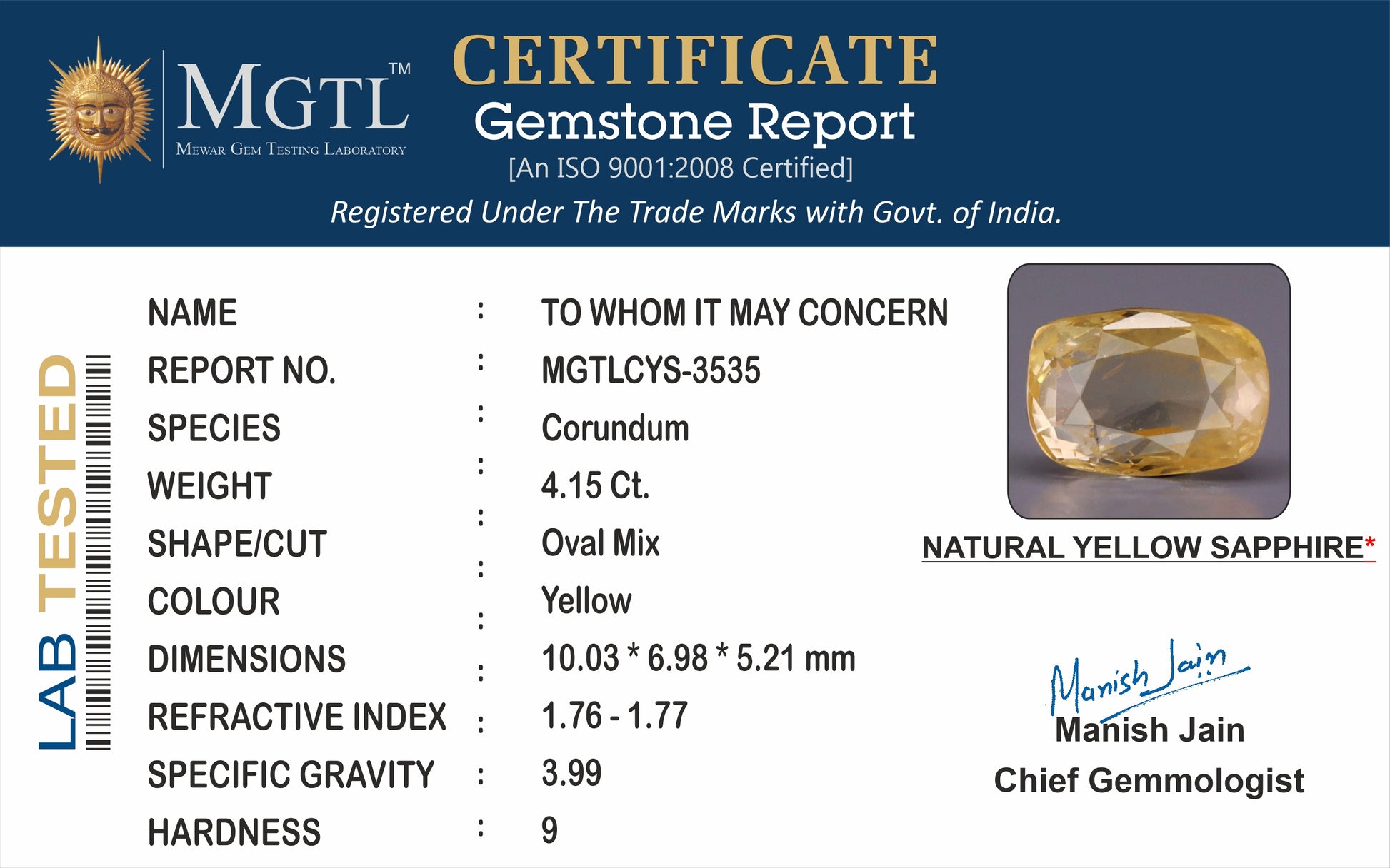 Yellow Sapphire - 4.15 Carats