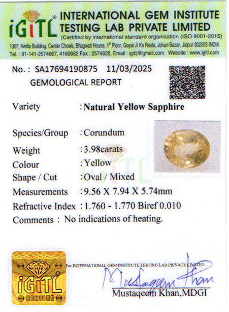 Ceylon Yellow Sapphire - 3.98 Carat Fine Quality CYS-3536