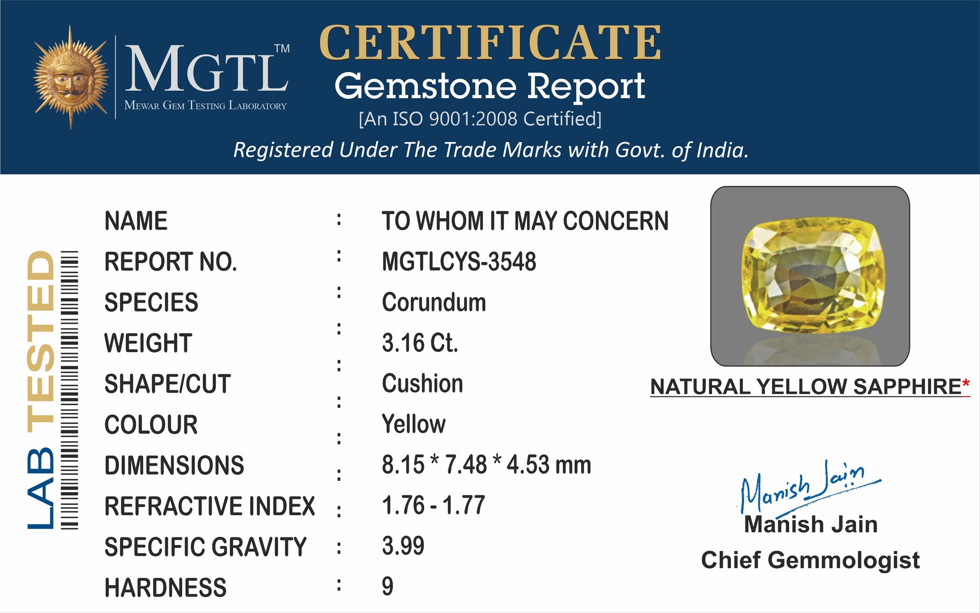 Ceylon Yellow Sapphire - 3.16 Carat Limited Quality CYS-3548