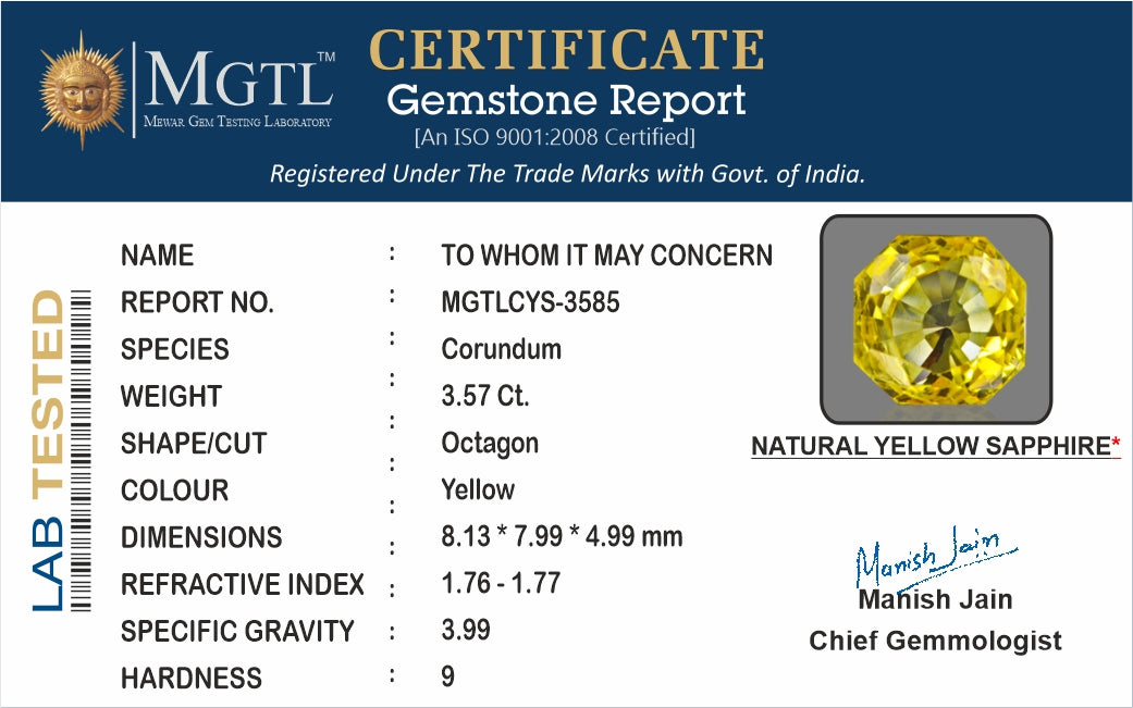 Ceylon Yellow Sapphire - 3.57 Carat Rare Quality CYS-3585