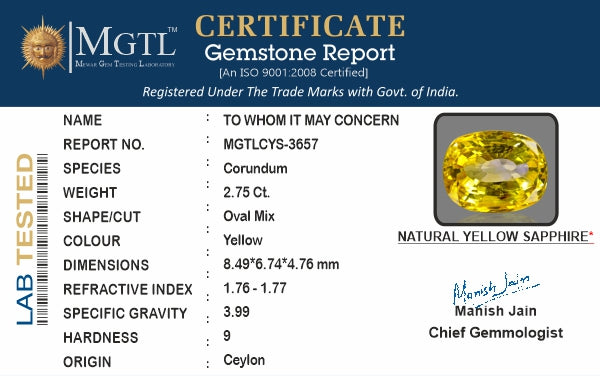 Ceylon Yellow Sapphire - 2.75 Carat Limited Quality CYS-3657