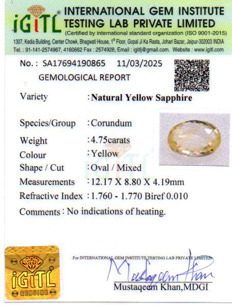 4.75 Carat (5.25 Ratti) Ceylon Yellow Sapphire Limited Quality CYS-3694
