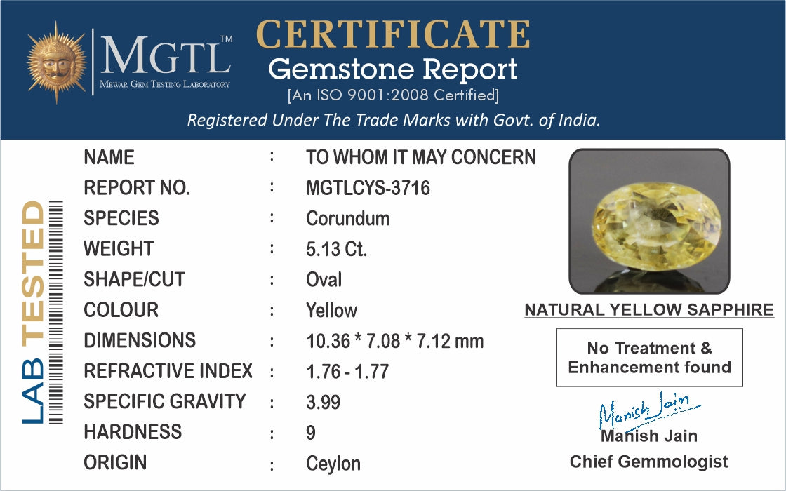Ceylon Yellow Sapphire - 5.13 Carat Limited Quality CYS-3716