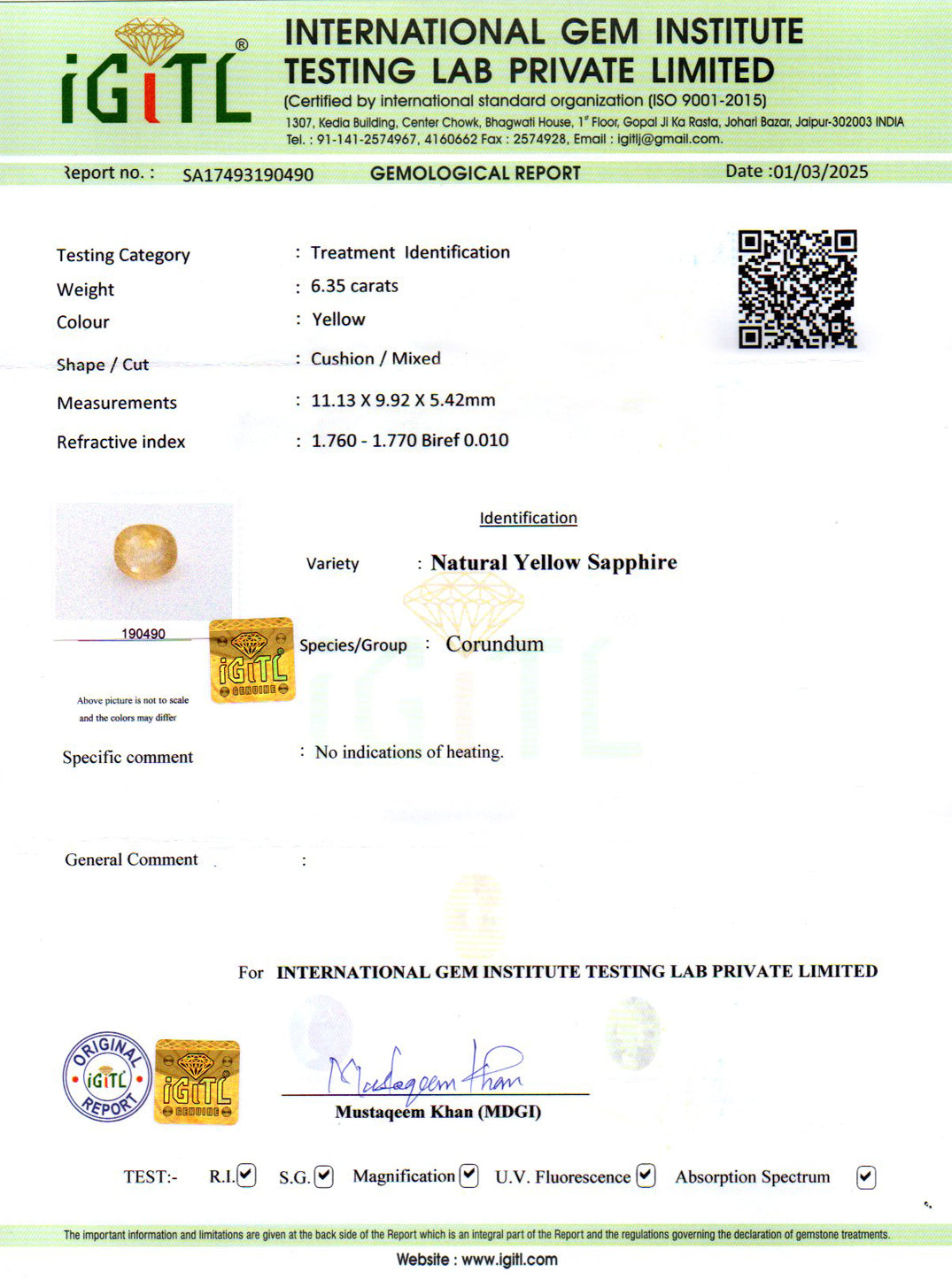 Ceylon Yellow Sapphire - 6.35 Carat Prime Quality CYS-3719