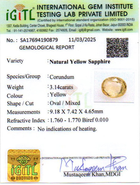 Ceylon Yellow Sapphire - 3.14 Carat Limited Quality CYS-3748