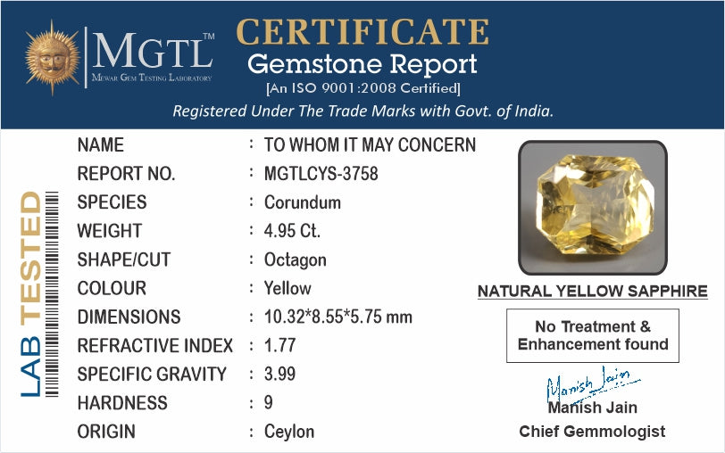 Ceylon Yellow Sapphire - 4.95 Carat Limited Quality CYS-3758