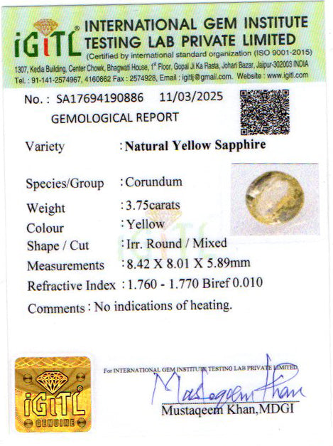 Ceylon Yellow Sapphire - 3.75 Carat Prime Quality CYS 3759