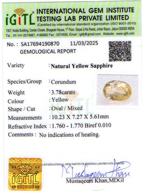 Ceylon Yellow Sapphire - 3.78 Carat Prime Quality CYS-3761