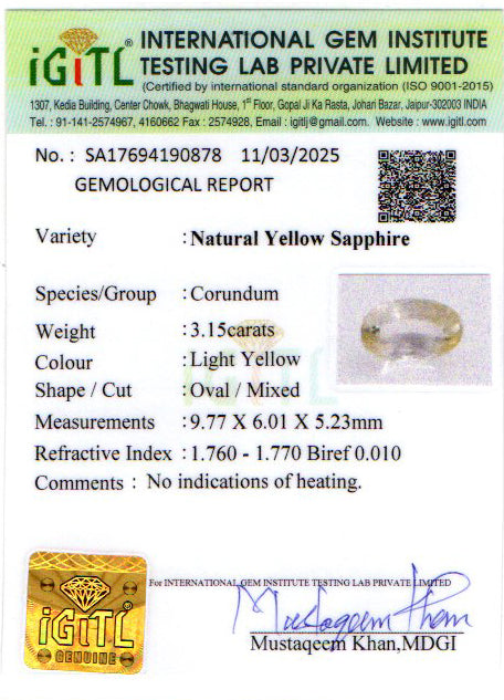 Ceylon Yellow Sapphire - 3.15 Carat Prime Quality CYS-3770